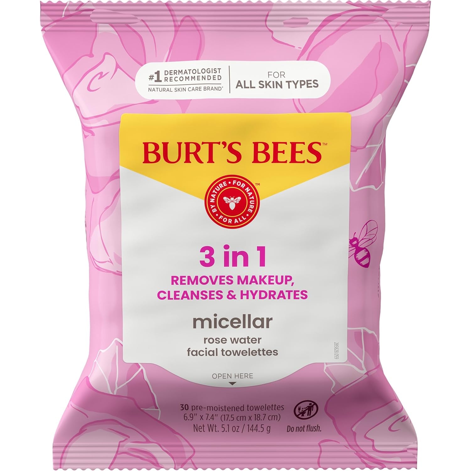 Burts Bees Micellar Rose Water Facial Towelettes, 100% Plant Based Cloth; 99% Natural Origin; Remove Makeup, Cleanse, Hydrate; No Greasy, Oily Residue; All Skin Types; 30 Ct, Pack of 3 (Pack May Vary)