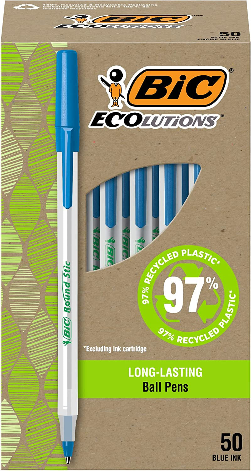 Ecolutions round Stic Ballpoint Pens, Medium Point (1.0Mm), 50-Count Pack, Black Ink Pens Made from 97% Recycled Plastic