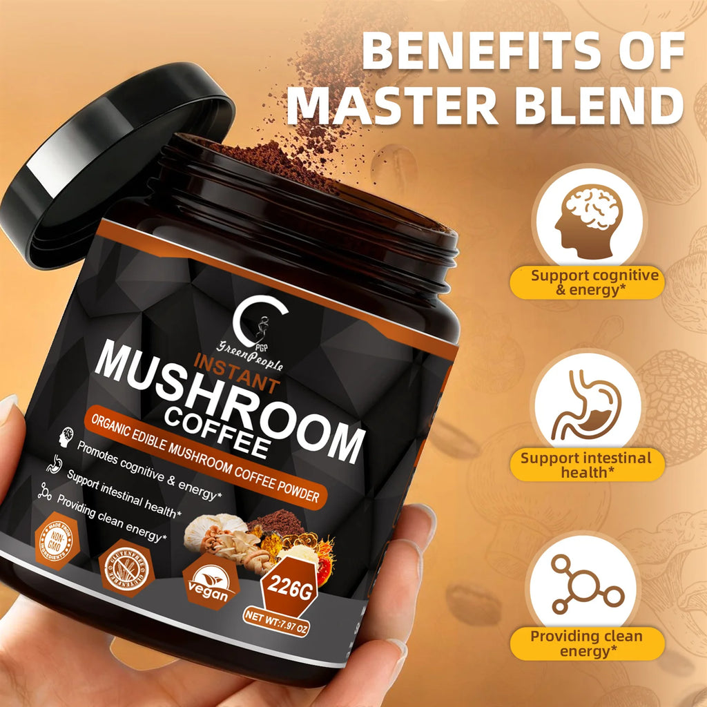Instant Mushroom Coffee, Greenpeople Organic Mushroom Coffee Powder Supplements with Lion'S Mane, Reishi, Chaga, Cordyceps, for Better Focus and Immune Support, 7.97Oz