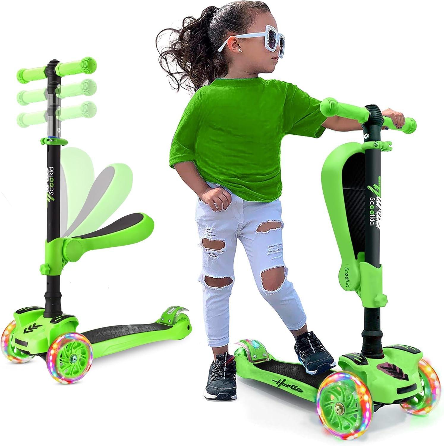 3-Wheeled Scooter for Kids - Wheel LED Lights, Adjustable Lean-To-Steer Handlebar, and Foldable Seat - Sit or Stand Ride with Brake for Boys and Girls Ages 1-14 Years Old