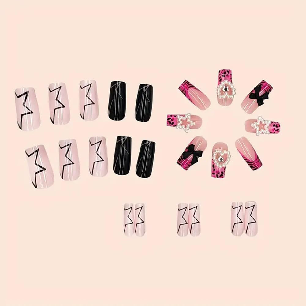 24 Pcs Pink Press on Nails Medium Square -  Winter Fake Nails Press Ons French Nail Art Tips Glue on Nails Full Cover False Nails with Charms Pentagram Design Stick on Nails Acrylic Nail Kit