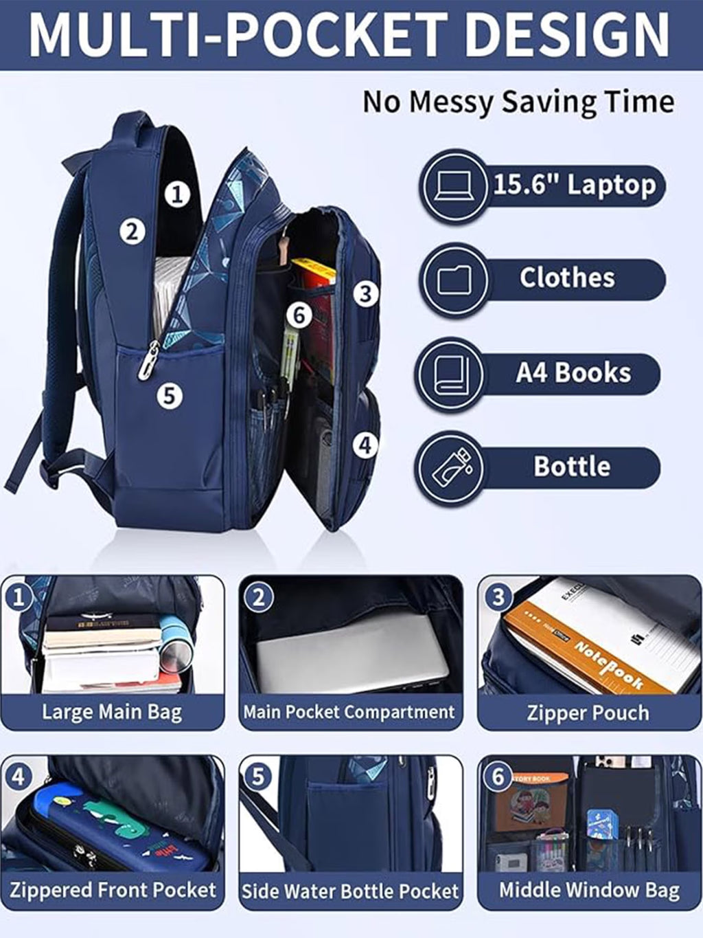 Boys School Backpacks for Kids, Fashion Bookbags for Teens, Lightweight Shoulder School Bags, Blue