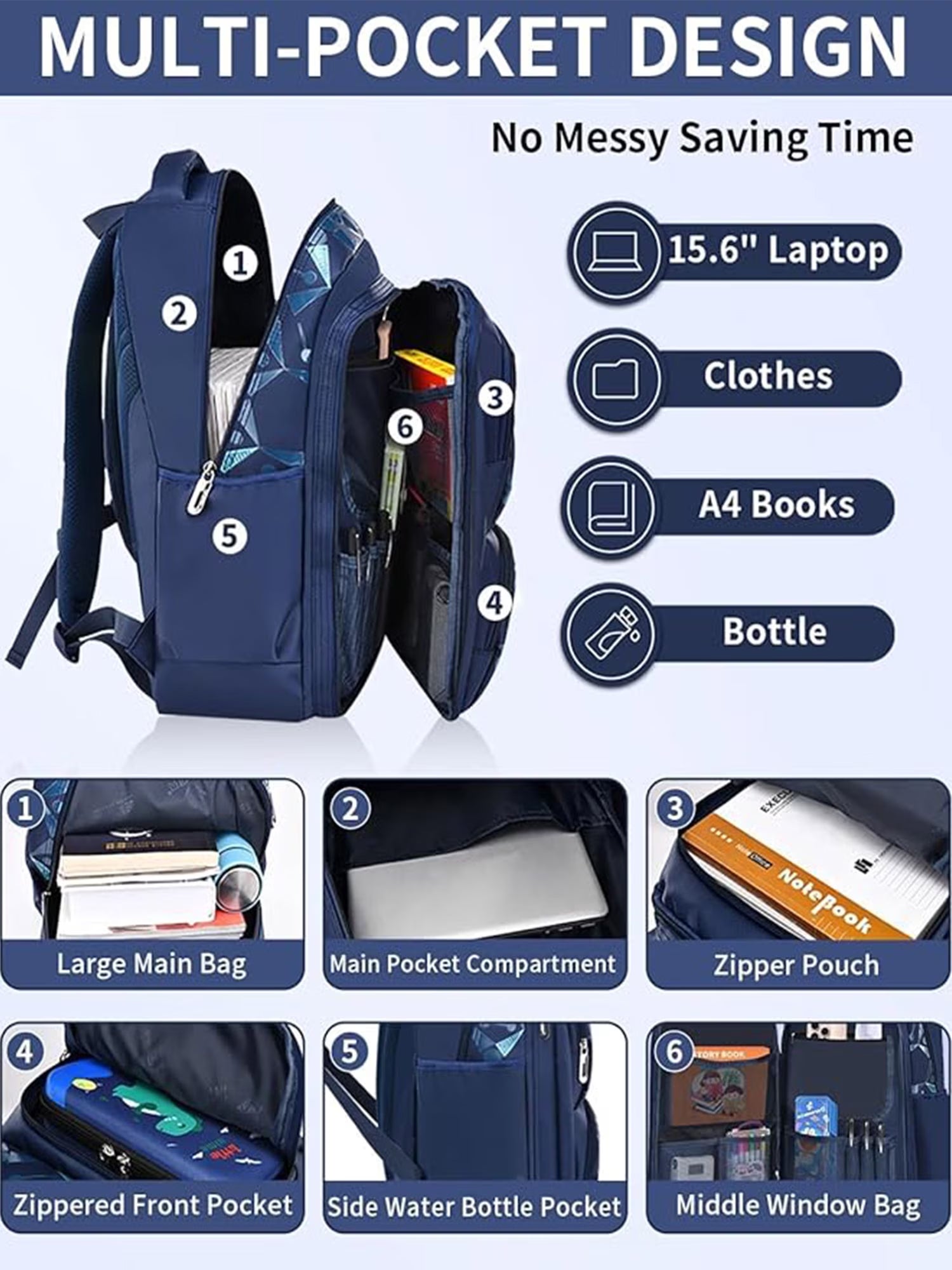 Boys School Backpacks for Kids, Fashion Bookbags for Teens, Lightweight Shoulder School Bags, Blue