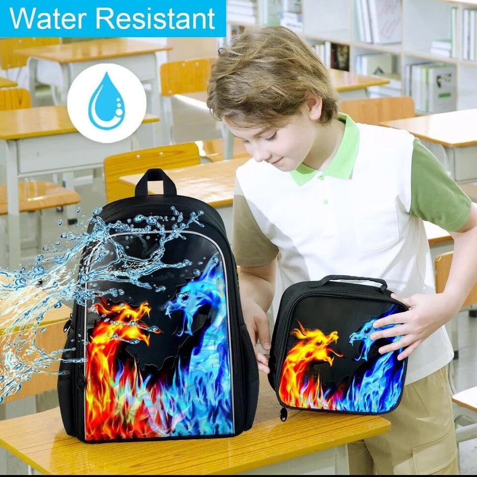 3PCS Backpack for Boys 16 Inch Kids Blue Fire Dragon Preschool Backpacks ...
