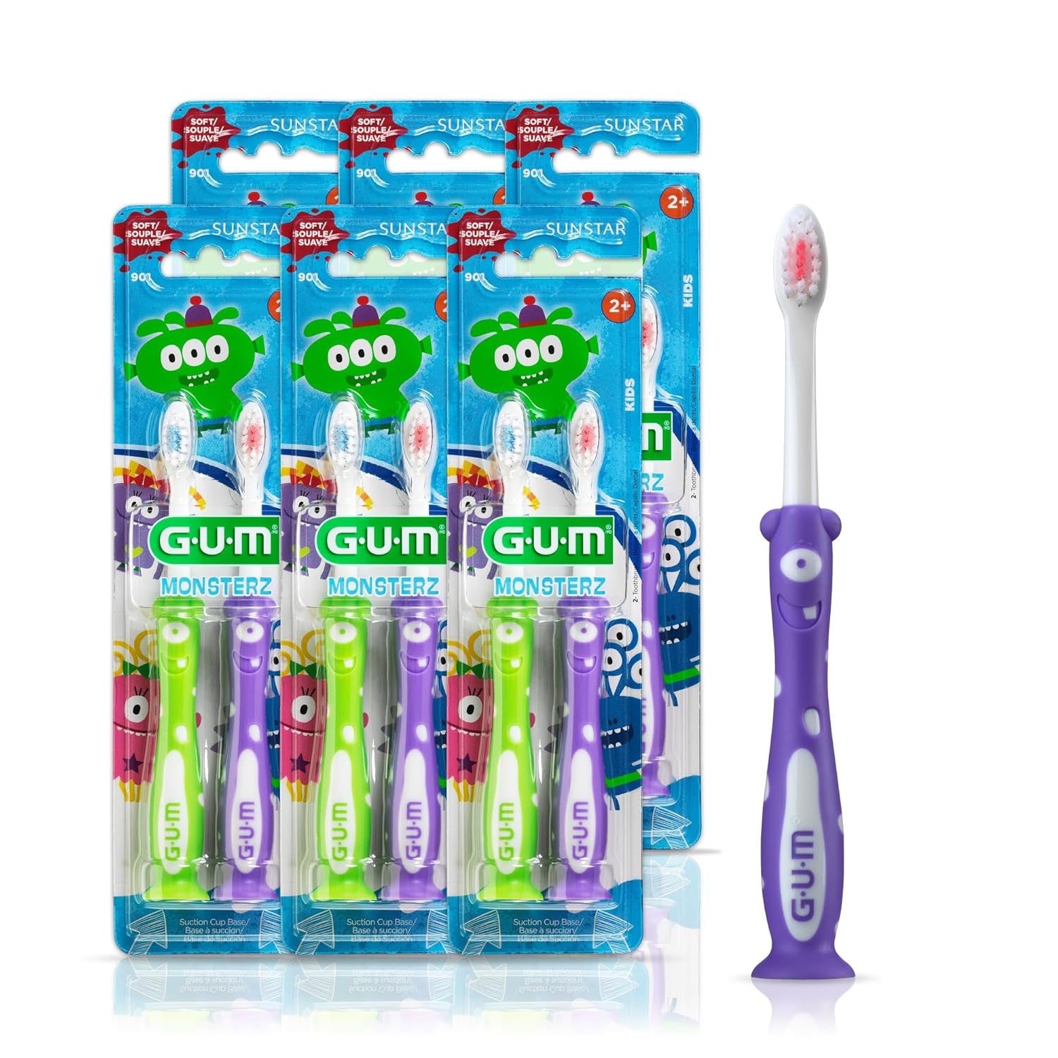 Monsterz Jr Kids Toothbrush, Soft Bristles with Suction Cup Base, Ages 5+, 1 Count (Pack of 6)