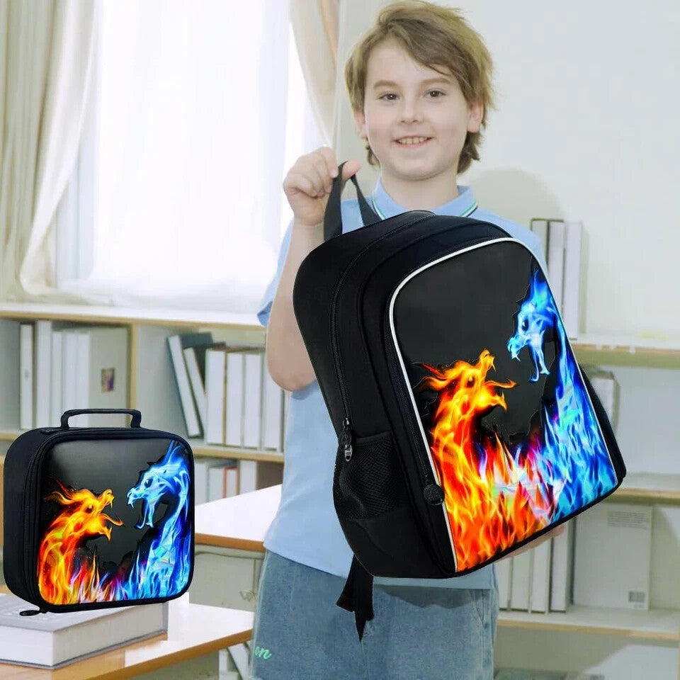 3PCS Backpack for Boys 16 Inch Kids Blue Fire Dragon Preschool Backpacks ...