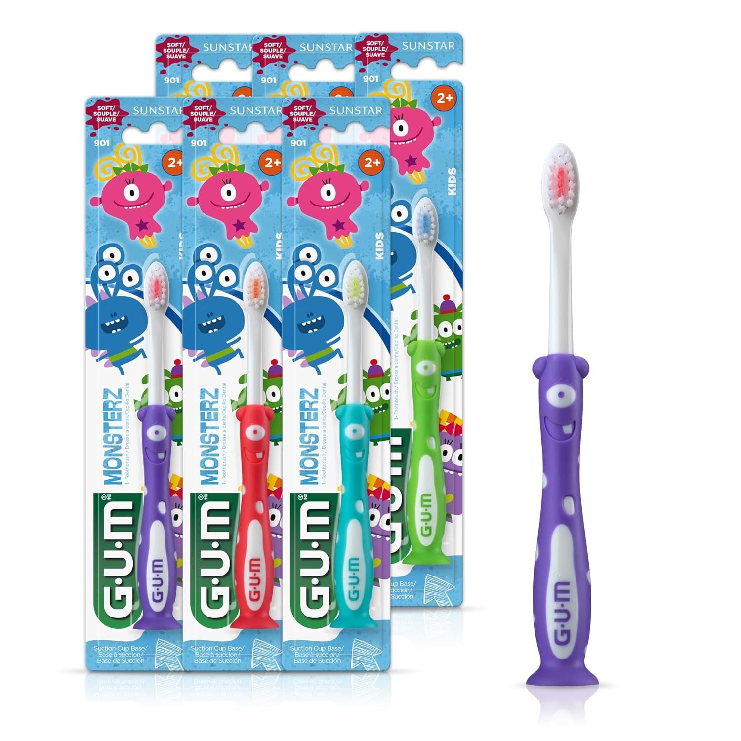 Monsterz Jr Kids Toothbrush, Soft Bristles with Suction Cup Base, Ages 5+, 1 Count (Pack of 6)