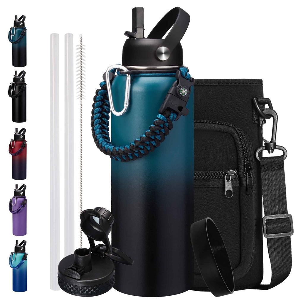 40Oz Vacuum Insulated Water Bottle - Keep Cold 48H Hot 24H, Combo Straw & Spout Lids, Survival Paracord Handle, Bottle Carrier Bag W/ Strap, Protective Boot, Stainless Steel Water Jug Metal Flask