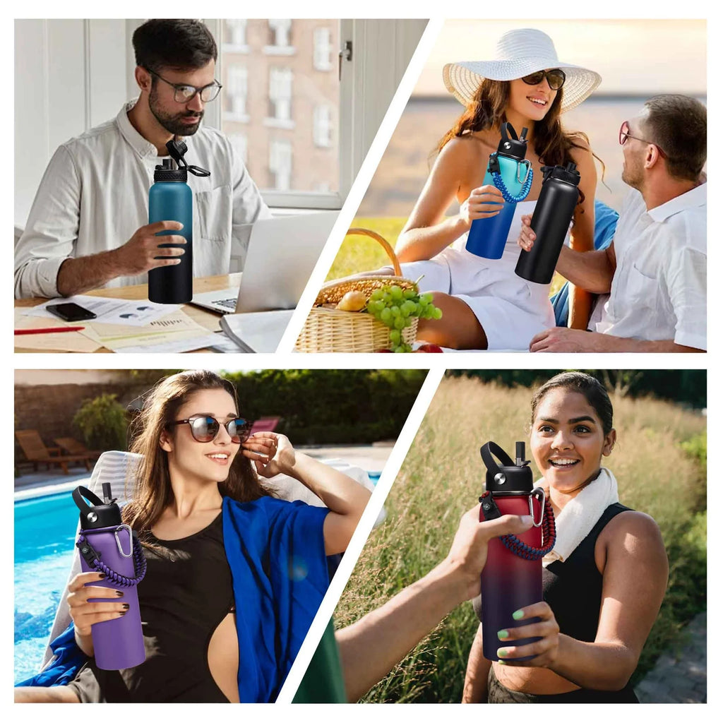 40Oz Vacuum Insulated Water Bottle - Keep Cold 48H Hot 24H, Combo Straw & Spout Lids, Survival Paracord Handle, Bottle Carrier Bag W/ Strap, Protective Boot, Stainless Steel Water Jug Metal Flask