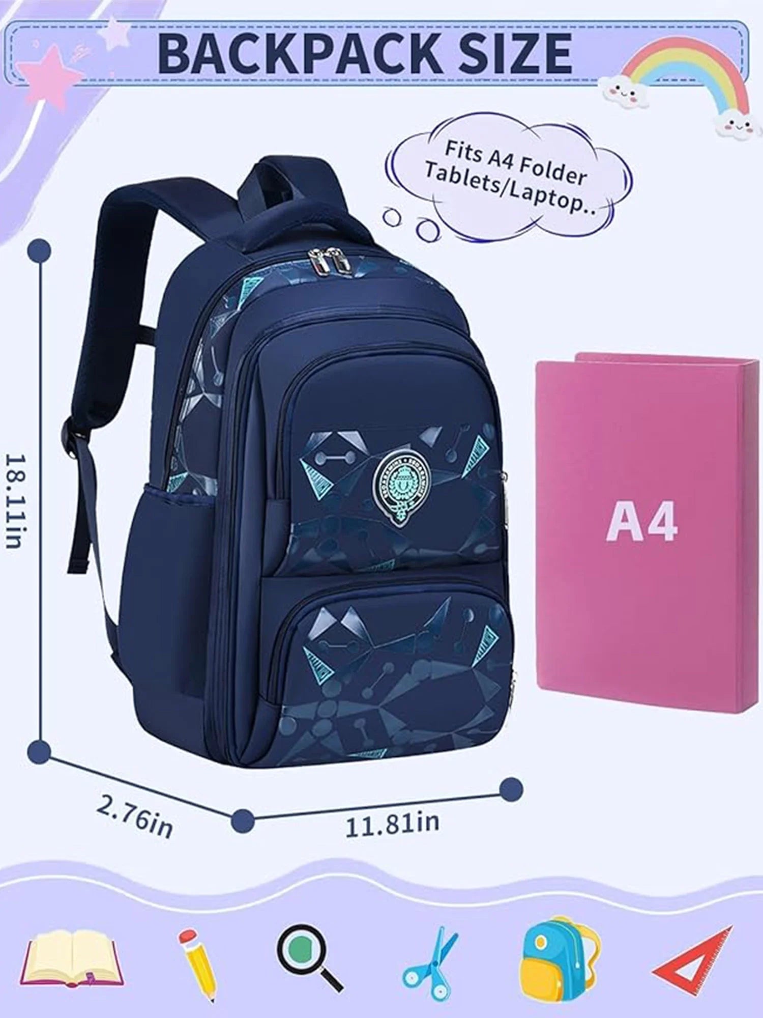 Boys School Backpacks for Kids, Fashion Bookbags for Teens, Lightweight Shoulder School Bags, Blue