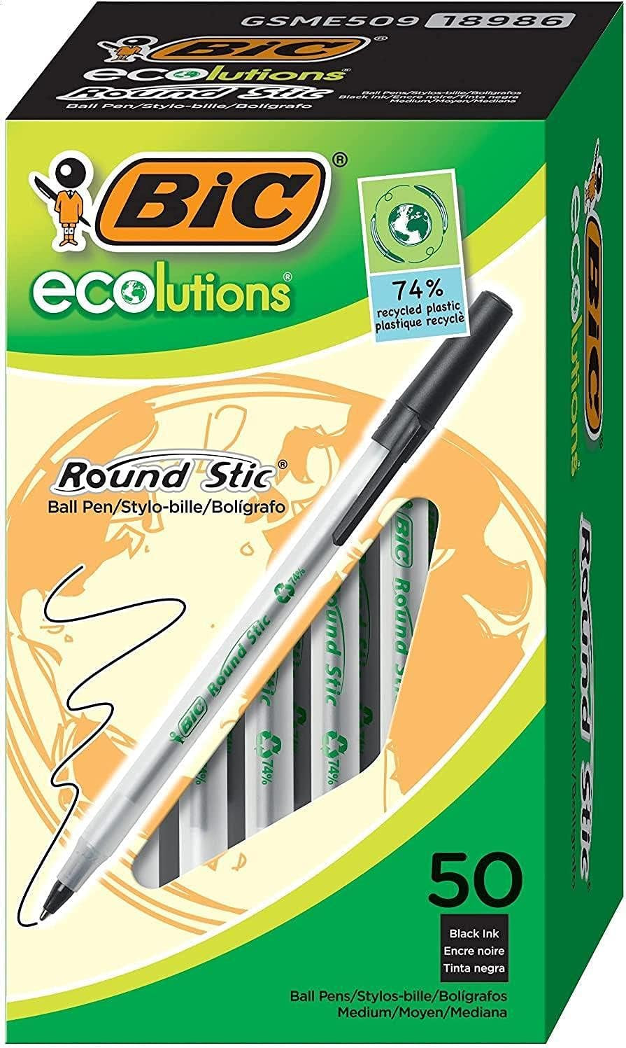 Ecolutions round Stic Ballpoint Pens, Medium Point (1.0Mm), 50-Count Pack, Black Ink Pens Made from 97% Recycled Plastic