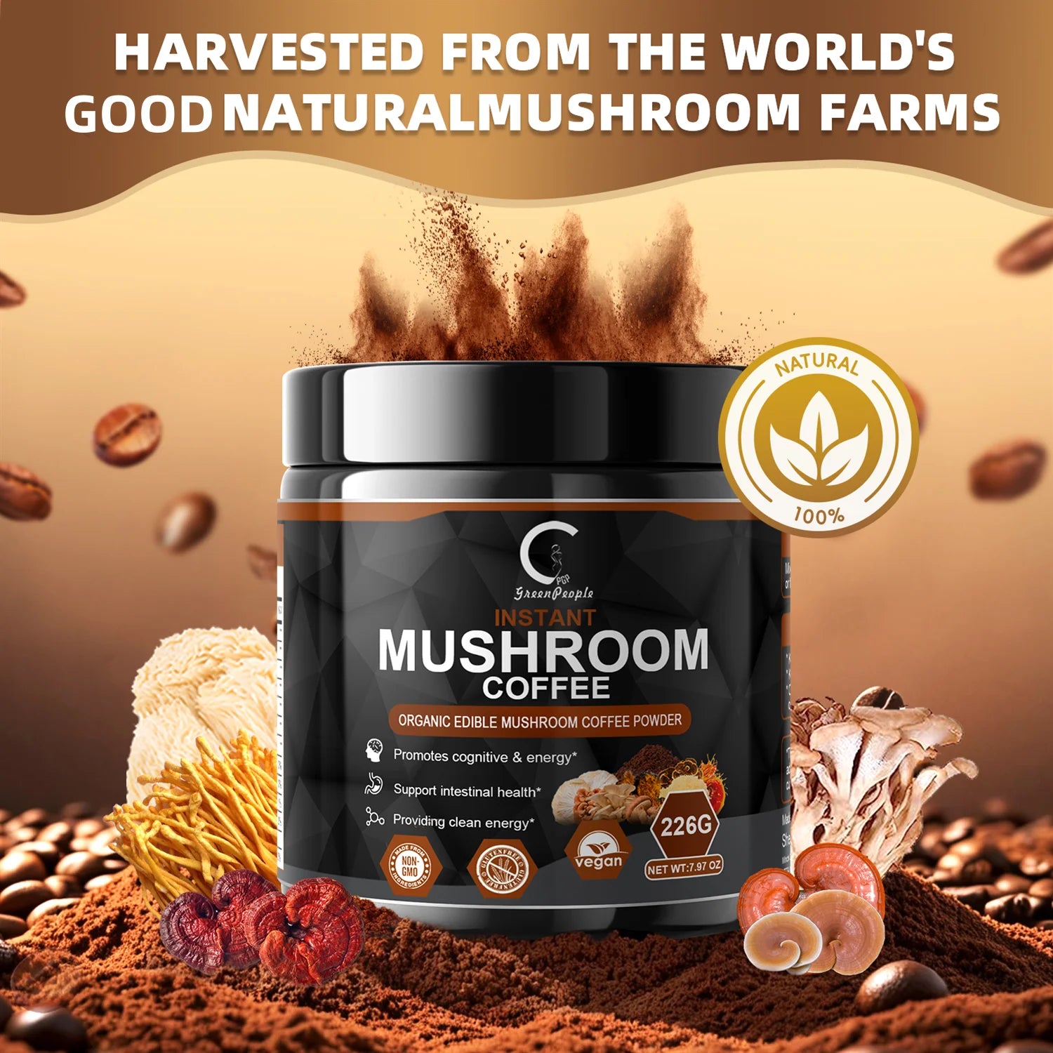 Instant Mushroom Coffee, Greenpeople Organic Mushroom Coffee Powder Supplements with Lion'S Mane, Reishi, Chaga, Cordyceps, for Better Focus and Immune Support, 7.97Oz