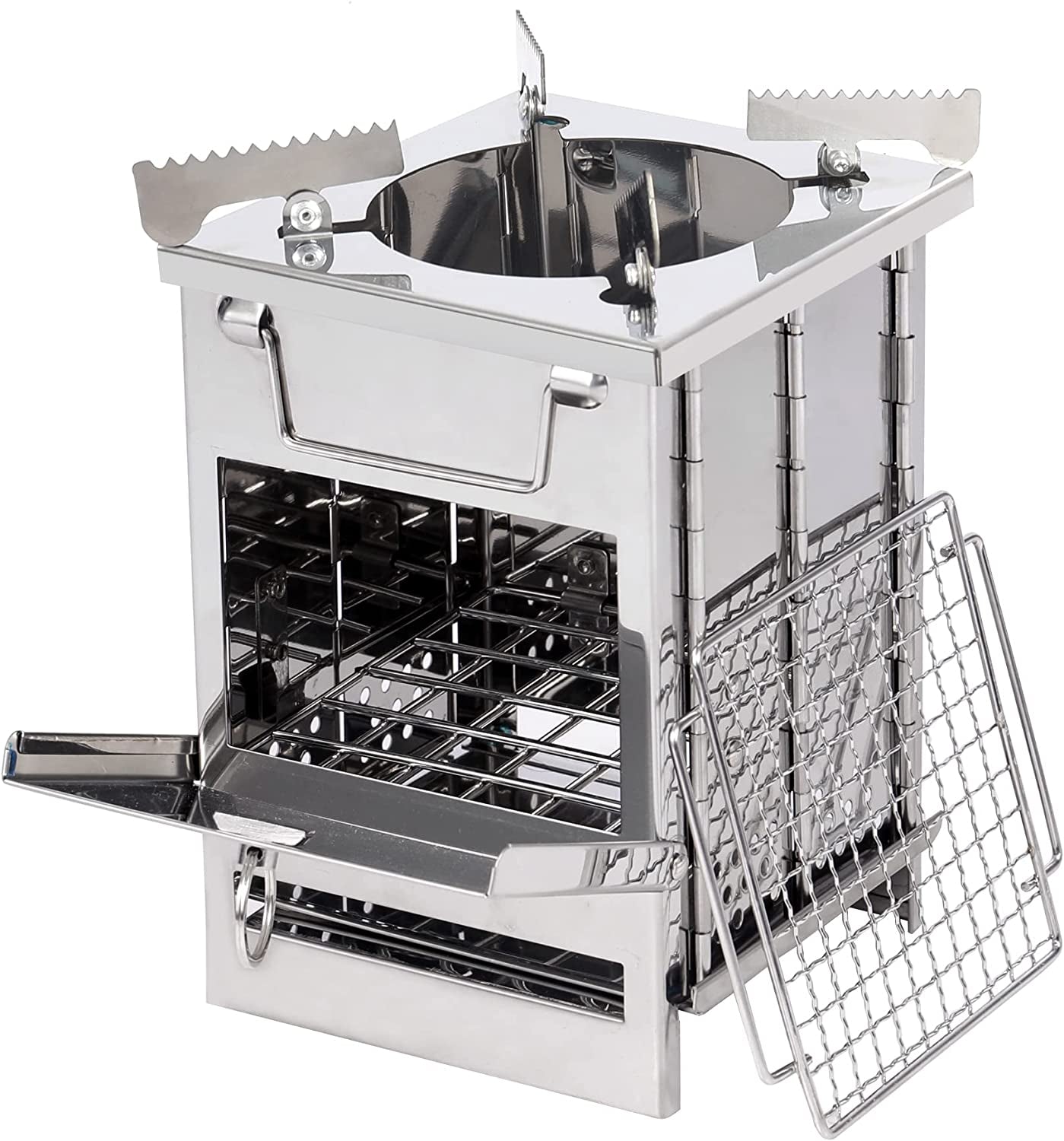 Wood Burning Folding Camp Stove Stainless Steel Grid, Portable Collapsible Backpacking Stove Survival Rocket Stove for Hiking Outdoor Tent Camping Picnic BBQ, Samll