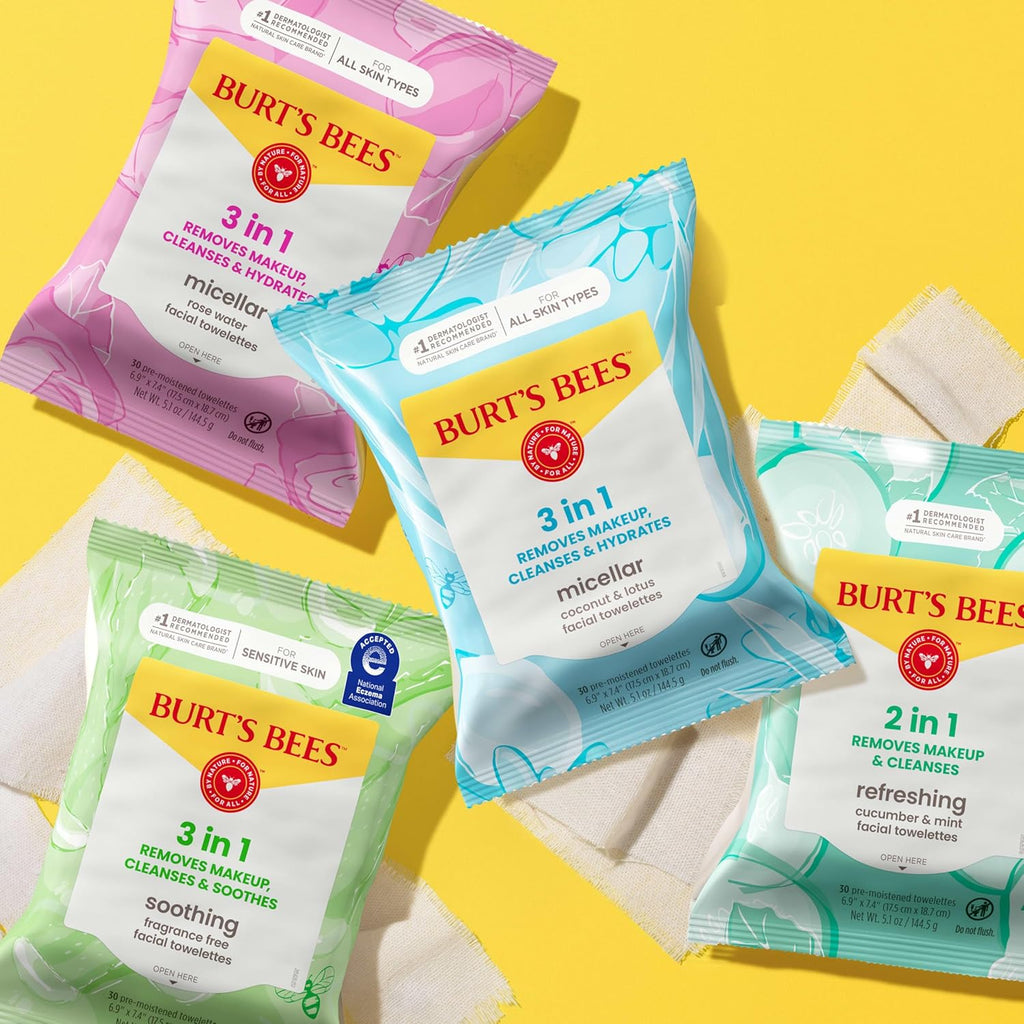 Burts Bees Micellar Rose Water Facial Towelettes, 100% Plant Based Cloth; 99% Natural Origin; Remove Makeup, Cleanse, Hydrate; No Greasy, Oily Residue; All Skin Types; 30 Ct, Pack of 3 (Pack May Vary)