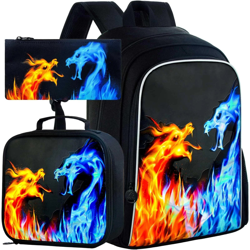 3PCS Backpack for Boys 16 Inch Kids Blue Fire Dragon Preschool Backpacks ...