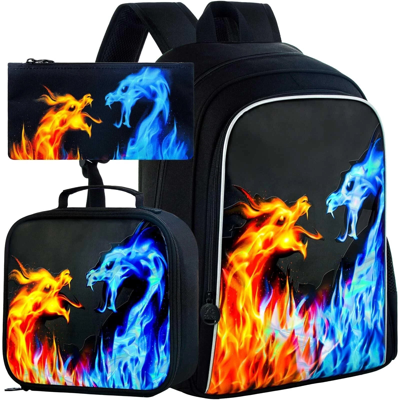 3PCS Backpack for Boys 16 Inch Kids Blue Fire Dragon Preschool Backpacks ...