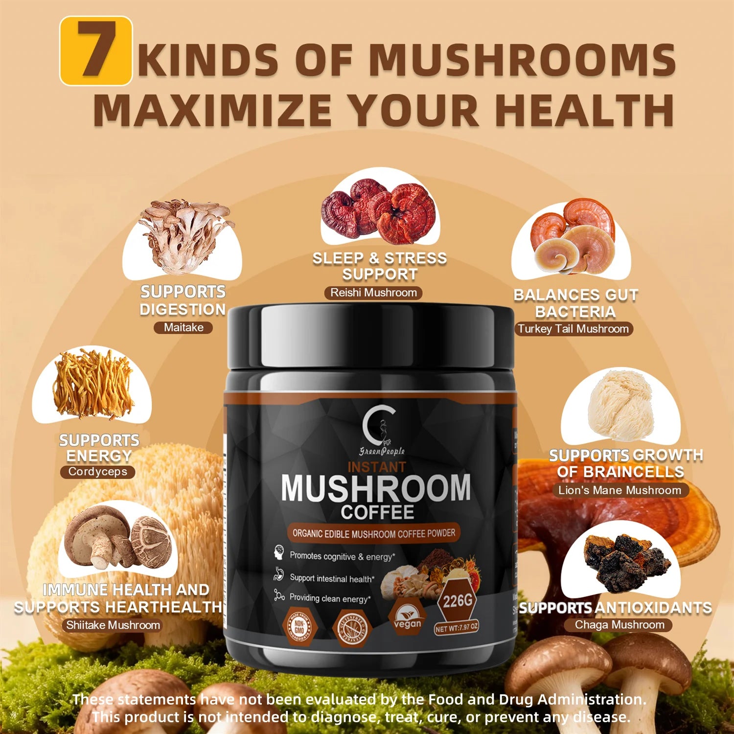 Instant Mushroom Coffee, Greenpeople Organic Mushroom Coffee Powder Supplements with Lion'S Mane, Reishi, Chaga, Cordyceps, for Better Focus and Immune Support, 7.97Oz