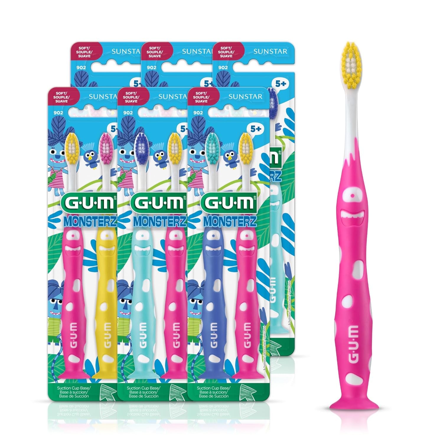 Monsterz Jr Kids Toothbrush, Soft Bristles with Suction Cup Base, Ages 5+, 1 Count (Pack of 6)