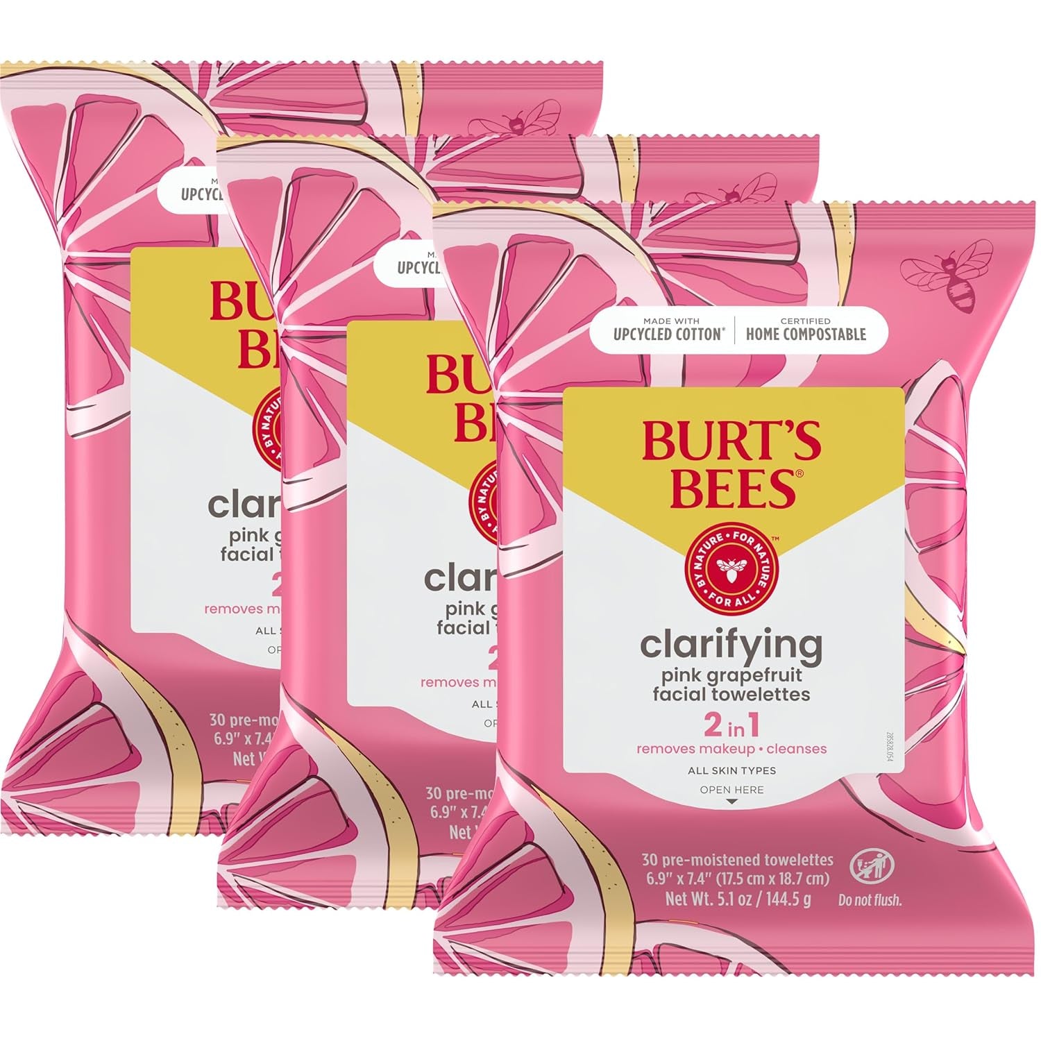 Burts Bees Micellar Rose Water Facial Towelettes, 100% Plant Based Cloth; 99% Natural Origin; Remove Makeup, Cleanse, Hydrate; No Greasy, Oily Residue; All Skin Types; 30 Ct, Pack of 3 (Pack May Vary)
