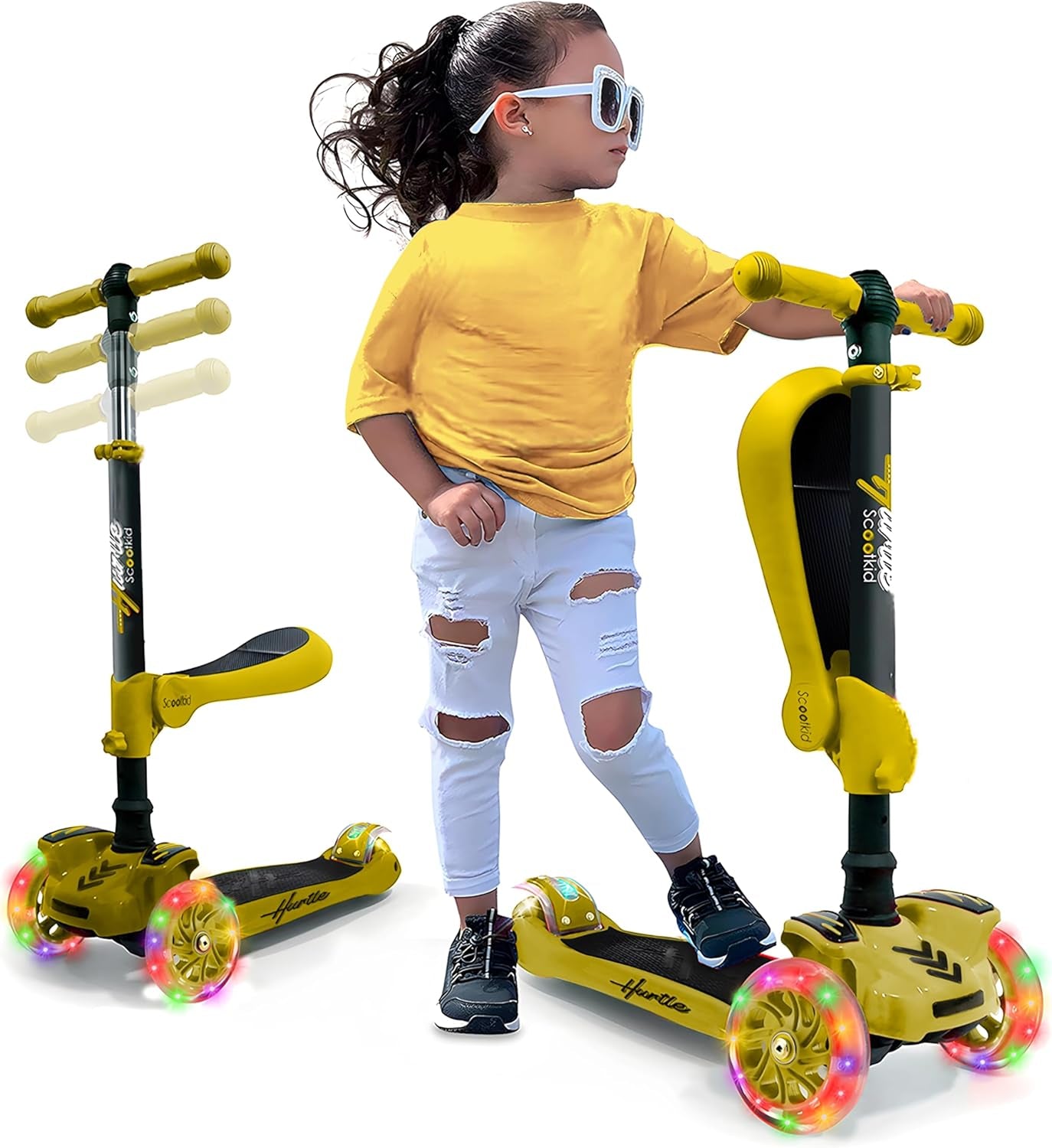 3-Wheeled Scooter for Kids - Wheel LED Lights, Adjustable Lean-To-Steer Handlebar, and Foldable Seat - Sit or Stand Ride with Brake for Boys and Girls Ages 1-14 Years Old