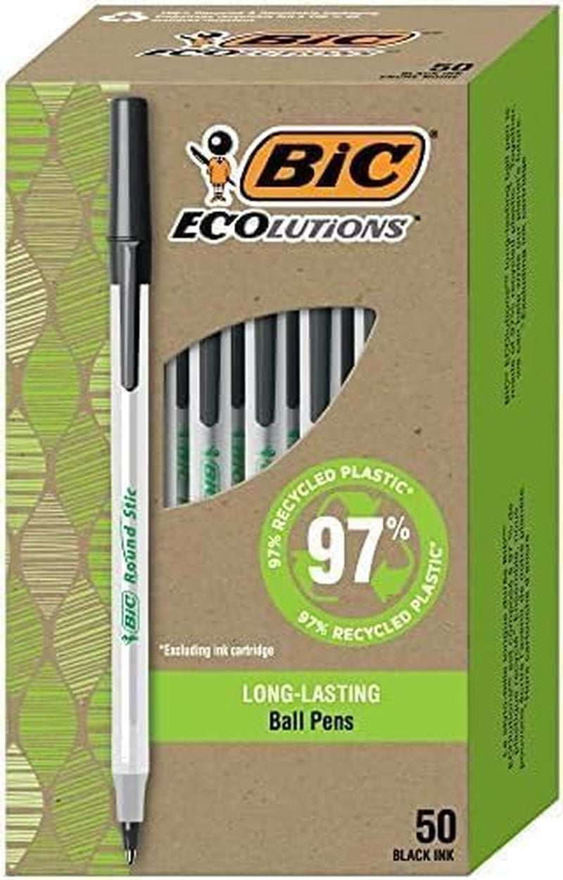 Ecolutions round Stic Ballpoint Pens, Medium Point (1.0Mm), 50-Count Pack, Black Ink Pens Made from 97% Recycled Plastic