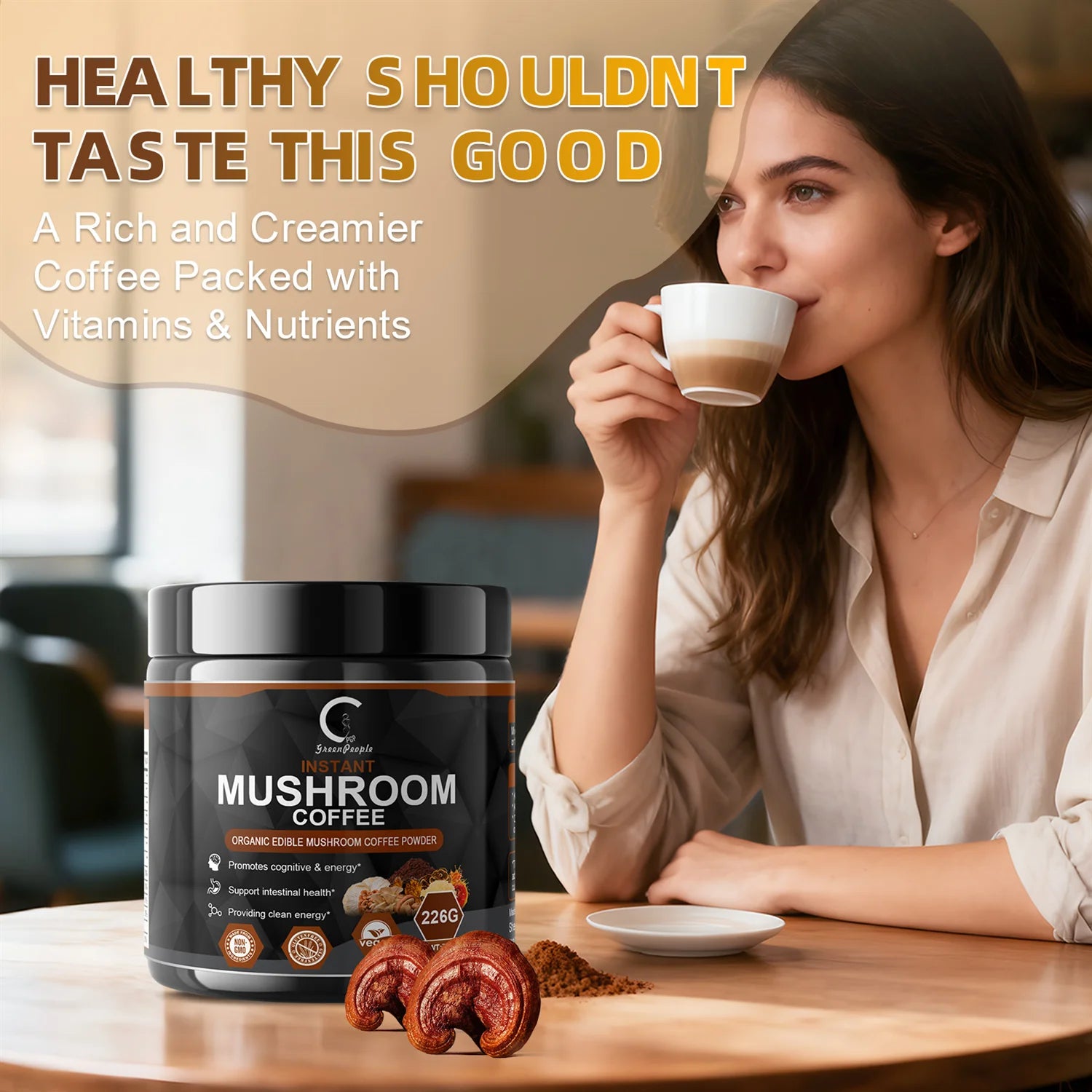 Instant Mushroom Coffee, Greenpeople Organic Mushroom Coffee Powder Supplements with Lion'S Mane, Reishi, Chaga, Cordyceps, for Better Focus and Immune Support, 7.97Oz