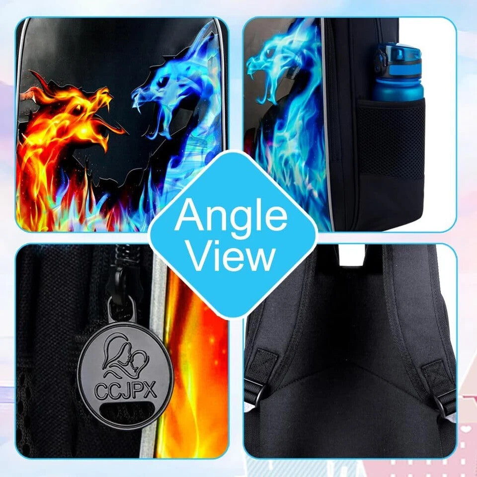 3PCS Backpack for Boys 16 Inch Kids Blue Fire Dragon Preschool Backpacks ...