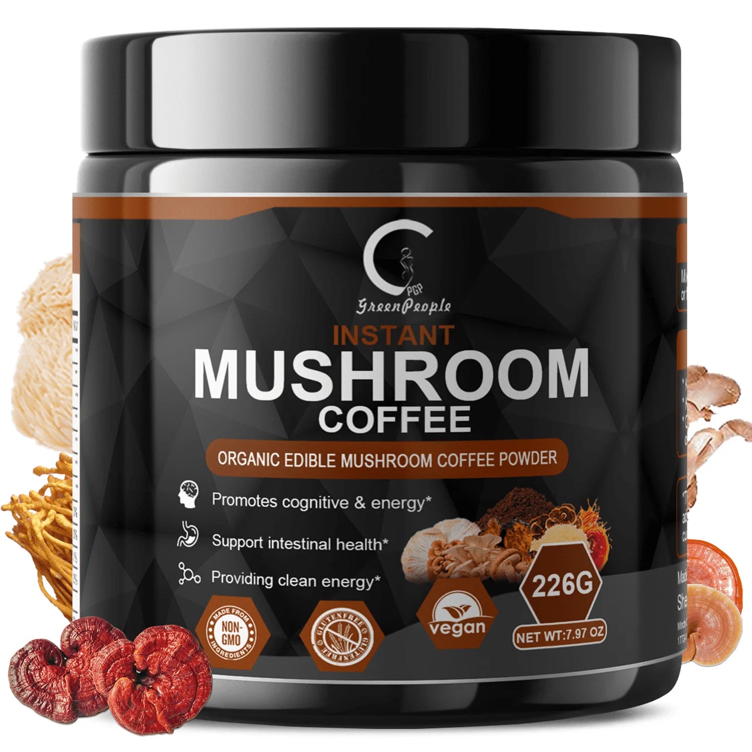 Instant Mushroom Coffee, Greenpeople Organic Mushroom Coffee Powder Supplements with Lion'S Mane, Reishi, Chaga, Cordyceps, for Better Focus and Immune Support, 7.97Oz