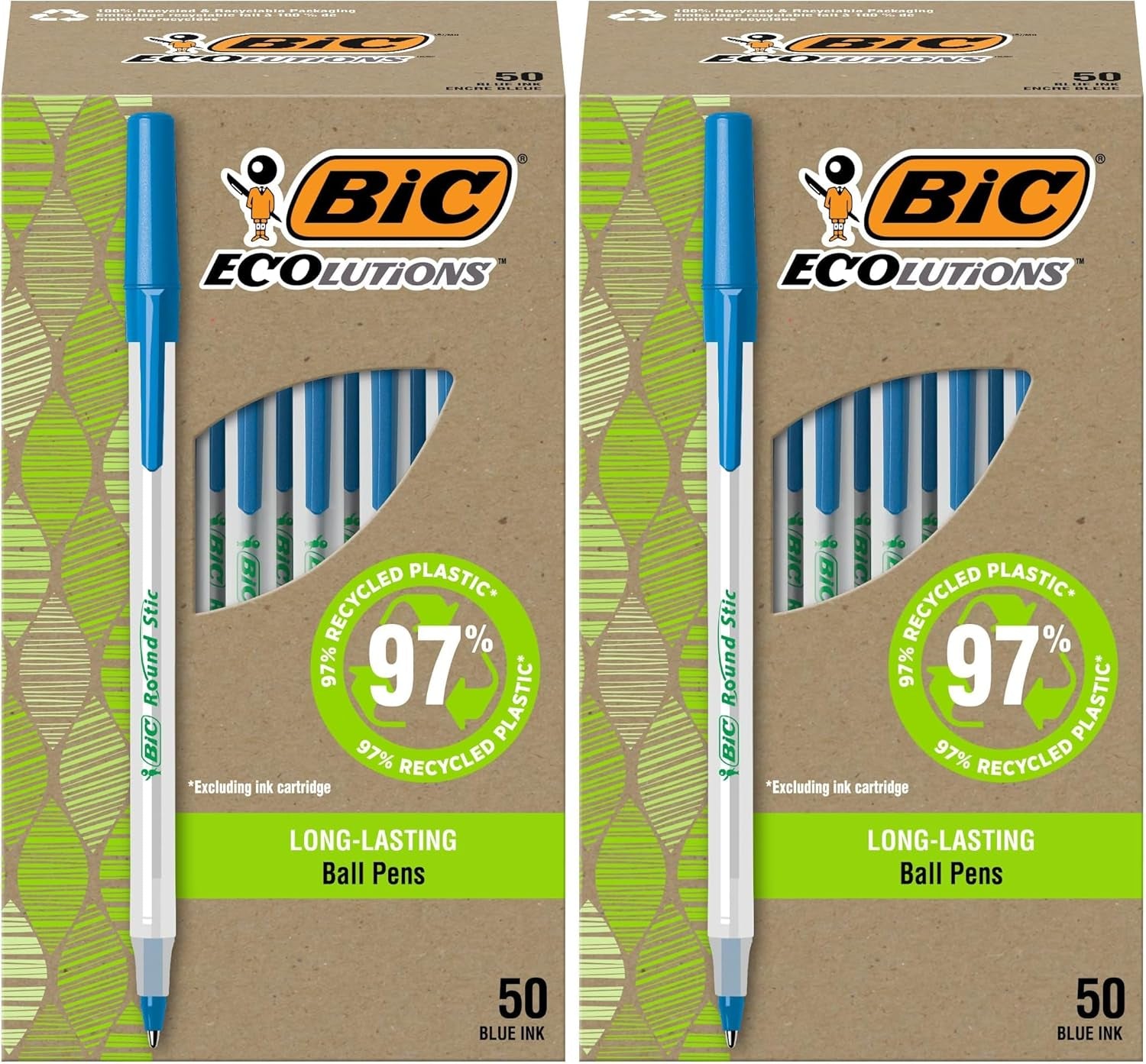 Ecolutions round Stic Ballpoint Pens, Medium Point (1.0Mm), 50-Count Pack, Black Ink Pens Made from 97% Recycled Plastic