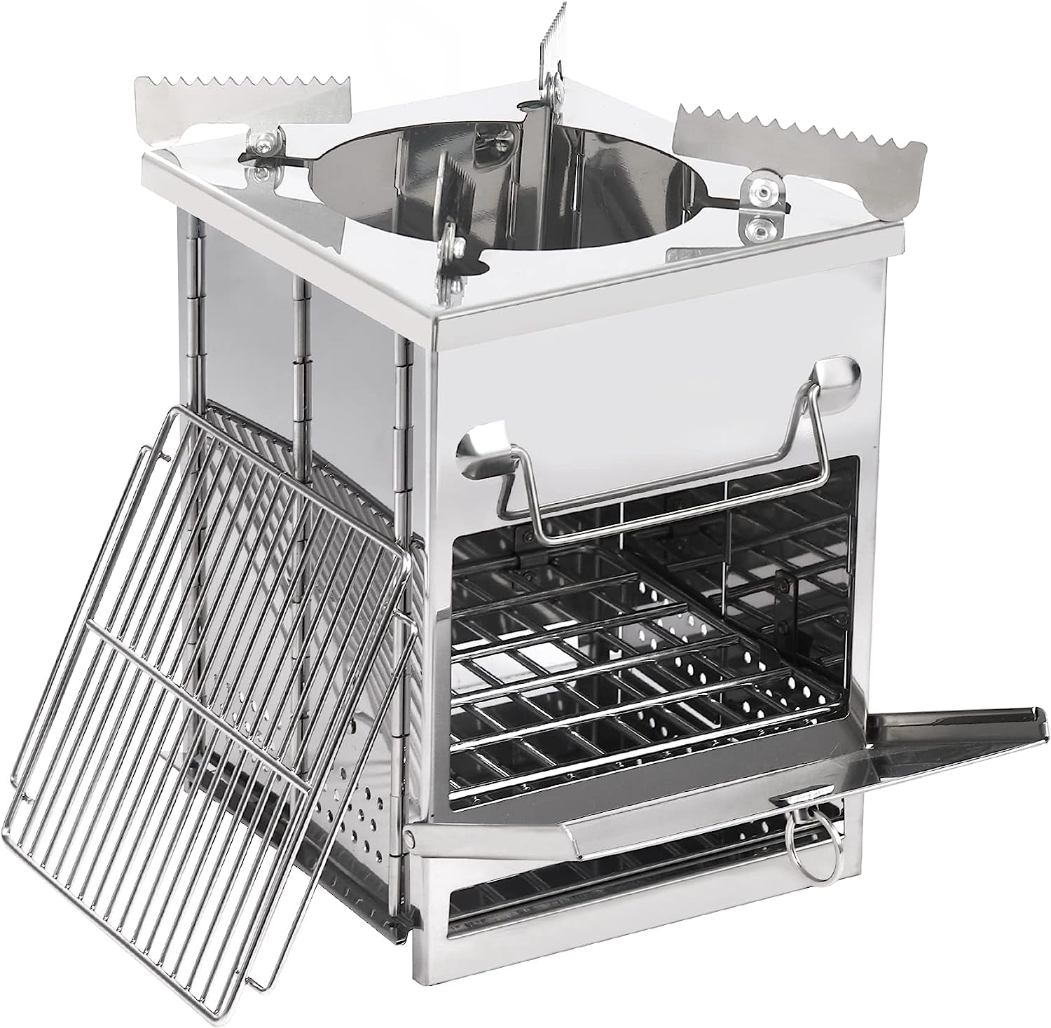 Wood Burning Folding Camp Stove Stainless Steel Grid, Portable Collapsible Backpacking Stove Survival Rocket Stove for Hiking Outdoor Tent Camping Picnic BBQ, Samll