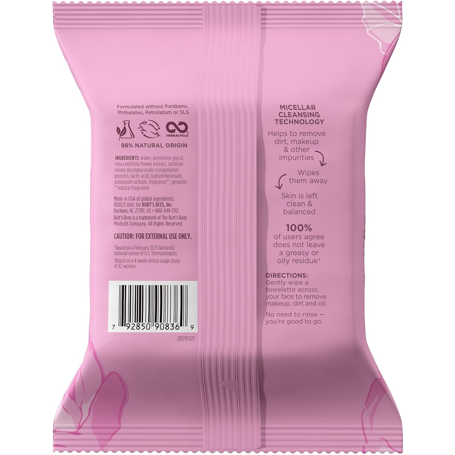 Burts Bees Micellar Rose Water Facial Towelettes, 100% Plant Based Cloth; 99% Natural Origin; Remove Makeup, Cleanse, Hydrate; No Greasy, Oily Residue; All Skin Types; 30 Ct, Pack of 3 (Pack May Vary)