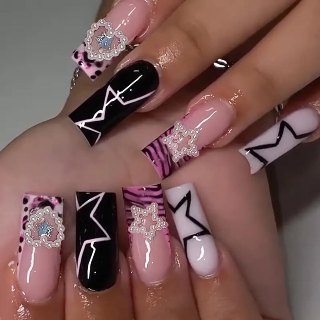24 Pcs Pink Press on Nails Medium Square -  Winter Fake Nails Press Ons French Nail Art Tips Glue on Nails Full Cover False Nails with Charms Pentagram Design Stick on Nails Acrylic Nail Kit