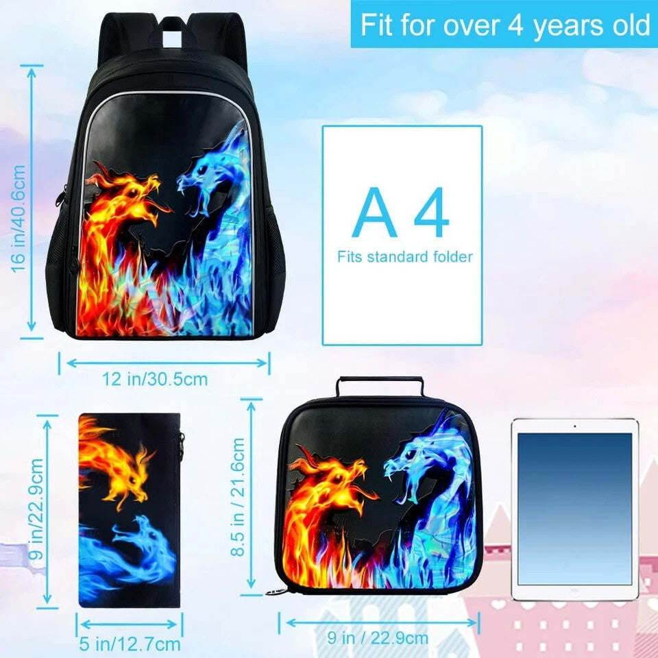 3PCS Backpack for Boys 16 Inch Kids Blue Fire Dragon Preschool Backpacks ...