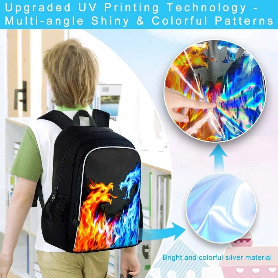 3PCS Backpack for Boys 16 Inch Kids Blue Fire Dragon Preschool Backpacks ...