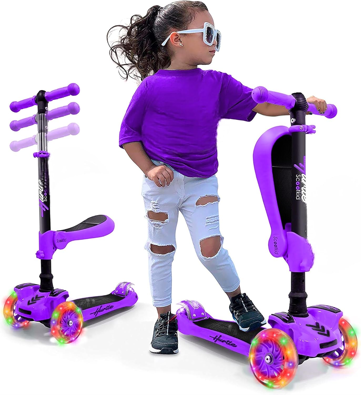 3-Wheeled Scooter for Kids - Wheel LED Lights, Adjustable Lean-To-Steer Handlebar, and Foldable Seat - Sit or Stand Ride with Brake for Boys and Girls Ages 1-14 Years Old