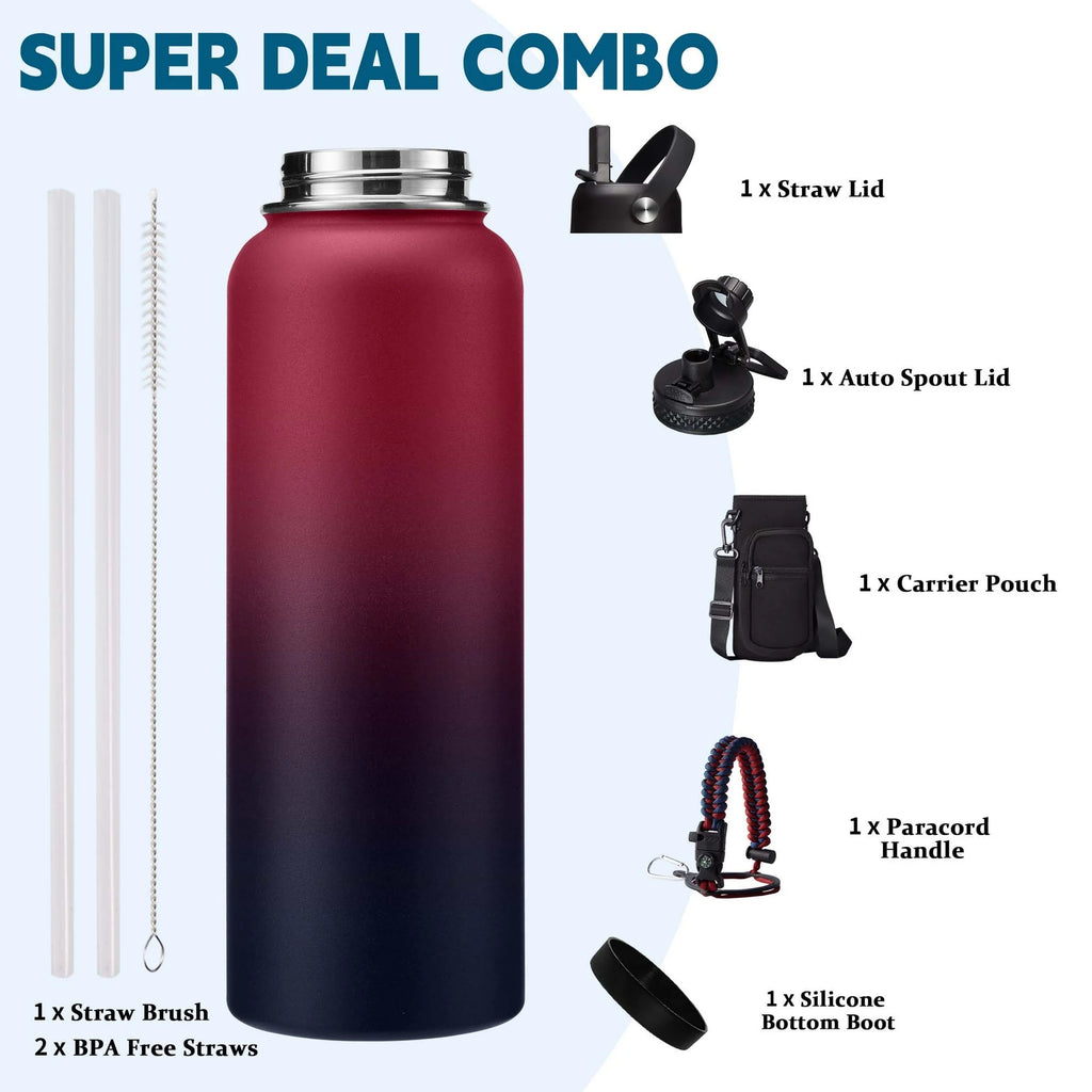 40Oz Vacuum Insulated Water Bottle - Keep Cold 48H Hot 24H, Combo Straw & Spout Lids, Survival Paracord Handle, Bottle Carrier Bag W/ Strap, Protective Boot, Stainless Steel Water Jug Metal Flask