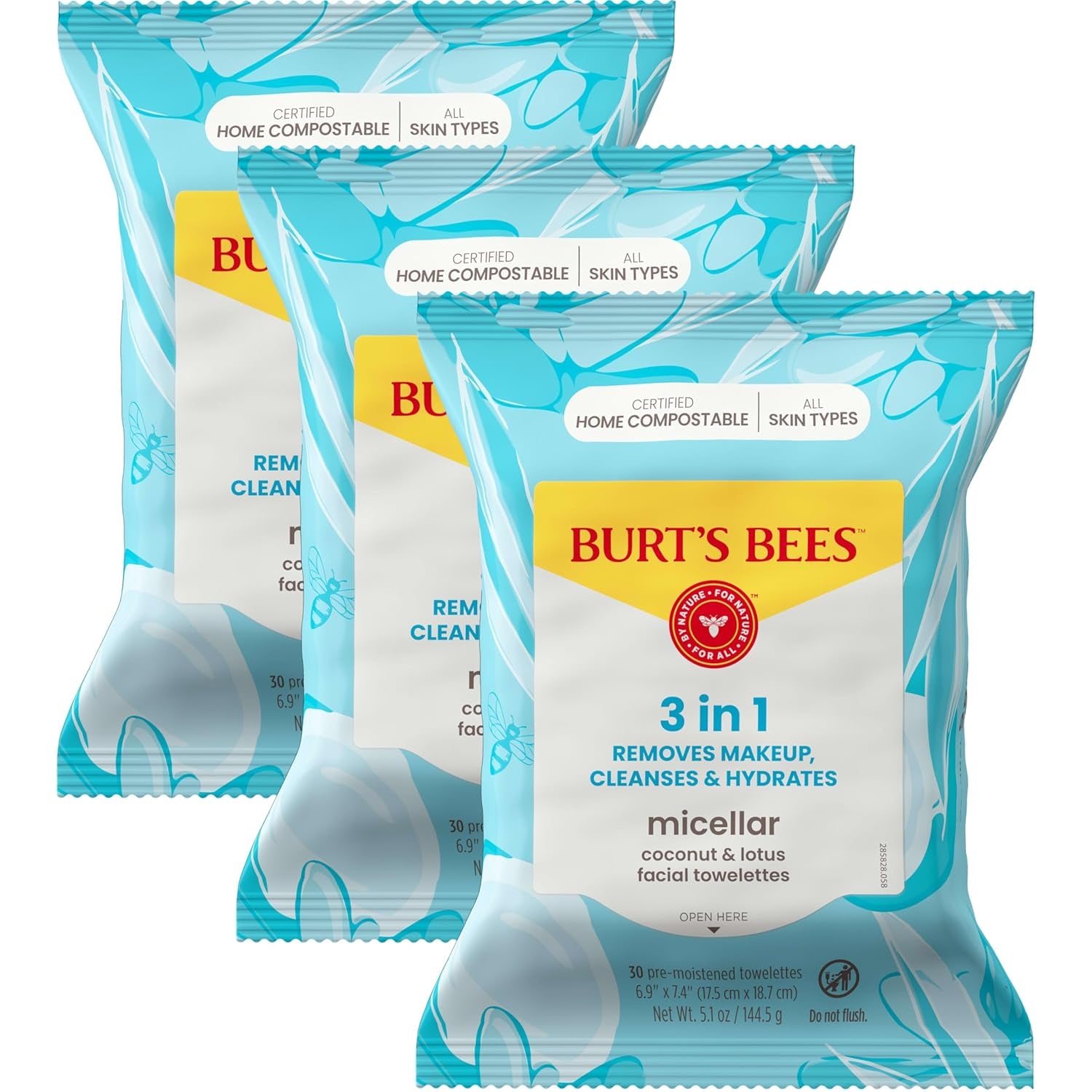 Burts Bees Micellar Rose Water Facial Towelettes, 100% Plant Based Cloth; 99% Natural Origin; Remove Makeup, Cleanse, Hydrate; No Greasy, Oily Residue; All Skin Types; 30 Ct, Pack of 3 (Pack May Vary)