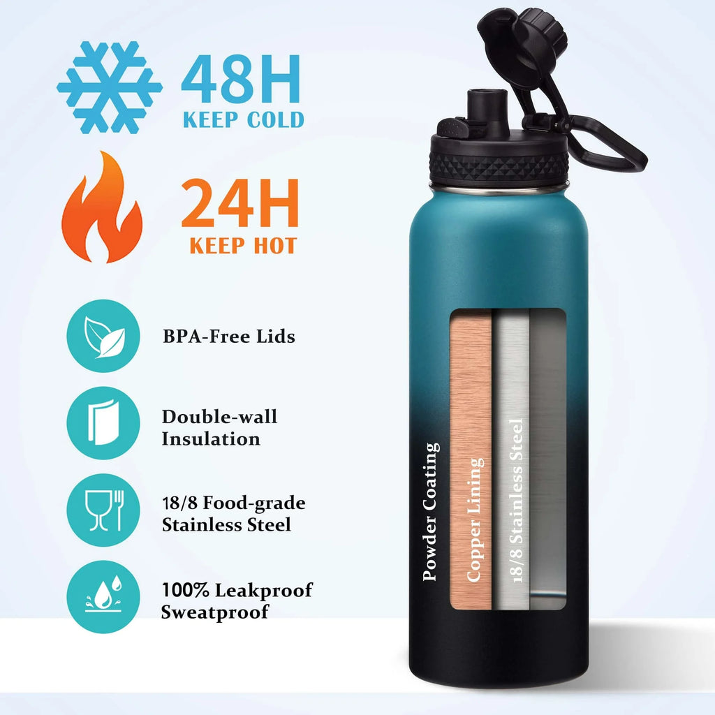 40Oz Vacuum Insulated Water Bottle - Keep Cold 48H Hot 24H, Combo Straw & Spout Lids, Survival Paracord Handle, Bottle Carrier Bag W/ Strap, Protective Boot, Stainless Steel Water Jug Metal Flask
